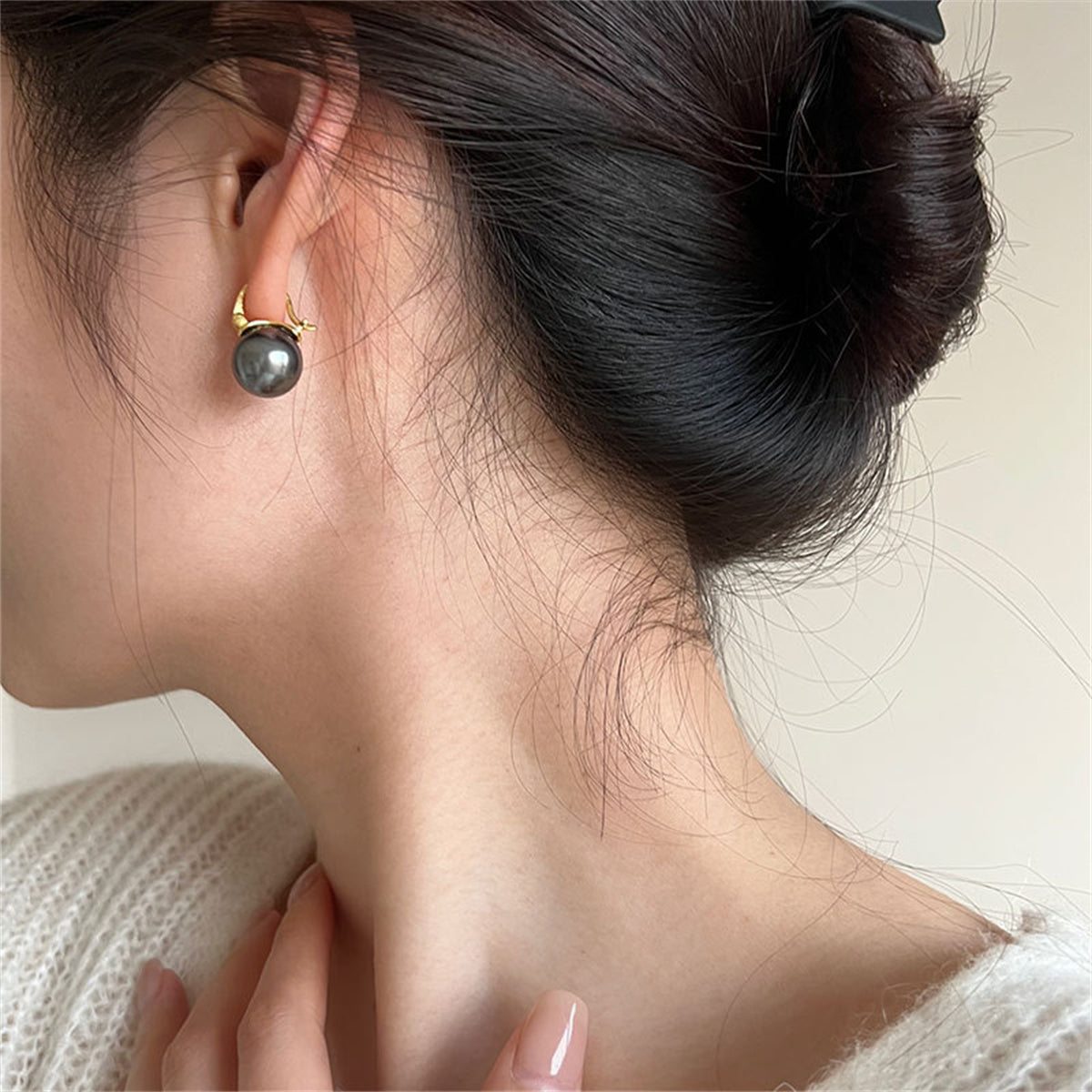 Gray Pearl & 18K Gold-Plated Huggie Earrings