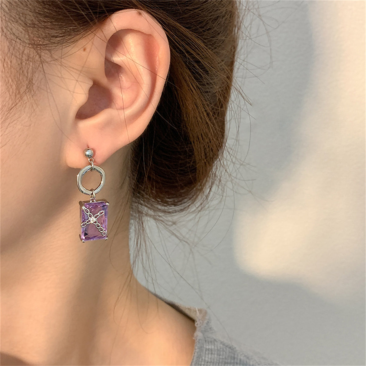 Purple Crystal and Silver-Plated Cross Drop Earrings, silver drop earrings for women, vintage-inspired design, styled look