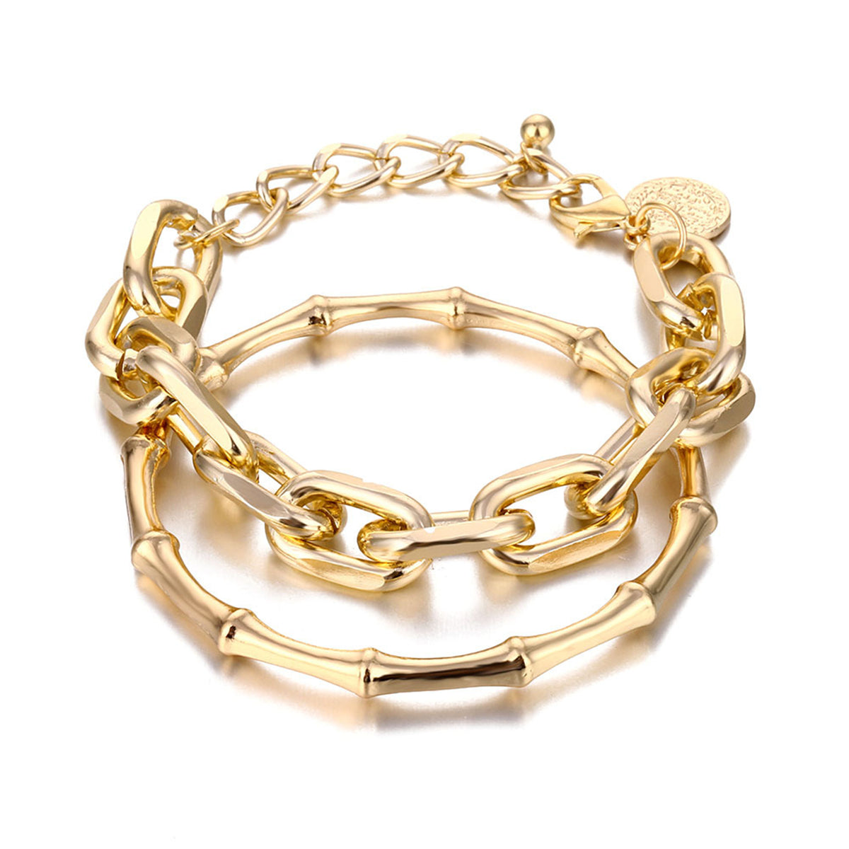 18K Gold-Plated Cable Chain Bracelet and Bamboo Bangle Set, jewelry gift sets for women, elegant gift for her, styled look