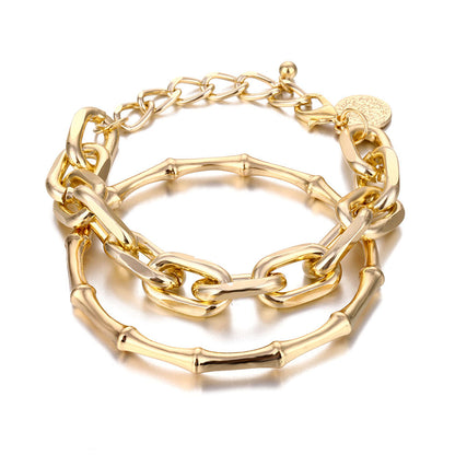 18K Gold-Plated Cable Chain Bracelet and Bamboo Bangle Set, jewelry gift sets for women, elegant gift for her, styled look
