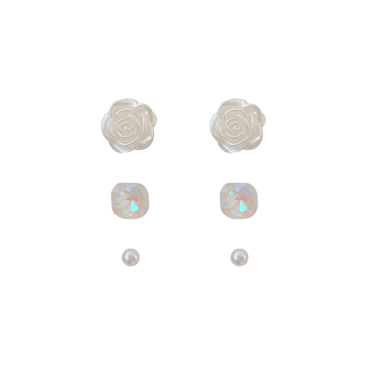Pearl and Crystal Rose Stud Earrings Set, stud earrings for women, elegant gift for her, detail close-up