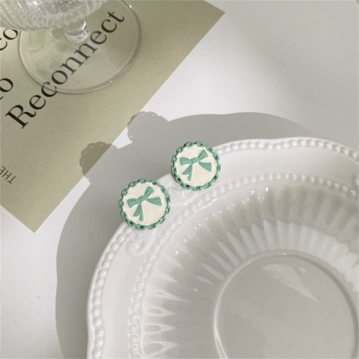 Green and White Bow Stud Earrings, stud earrings for women, vintage-inspired design, lifestyle look