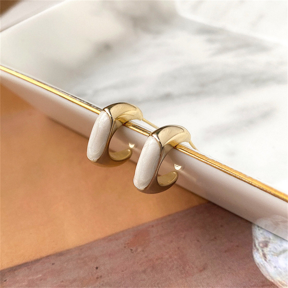 Enamel and 18K Gold-Plated C-Shaped Huggie Earrings, gold huggie earrings, everyday style, side view