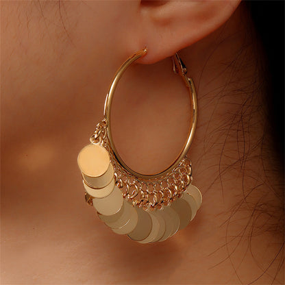 18K Gold-Plated Disc Tassel Huggie Earrings, gold huggie earrings, everyday style, front view