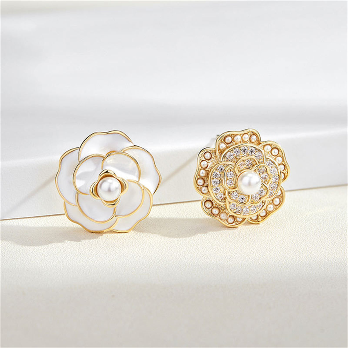 White Enamel & Pearl Camellia Stud Earrings