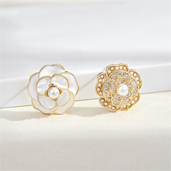 White Enamel & Pearl Camellia Stud Earrings