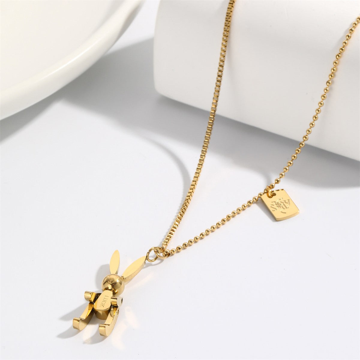 18K Gold-Plated 'Luck' Rabbit Rectangle Pendant Necklace, gold pendant necklace for women, botanical inspired, side view