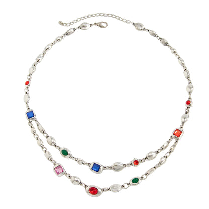 Multi-Colored Crystal and Silvertone Geometric Station Layered Necklace, vintage-inspired design, front view