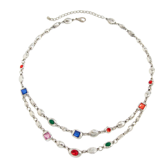 Multi-Colored Crystal and Silvertone Geometric Station Layered Necklace, vintage-inspired design, front view