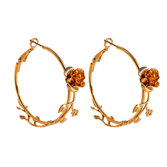 18K Gold-Plated Rose Hoop Earrings, everyday style, front view