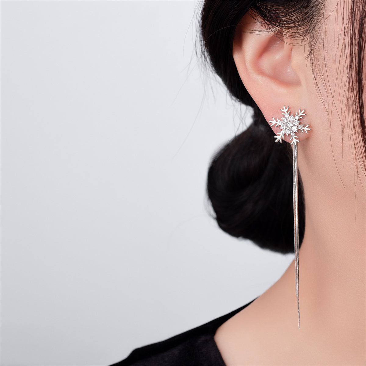 Cubic Zirconia and Silver-Plated Snowflake Tassel Ear Jackets, silver drop earrings for women, detail close-up