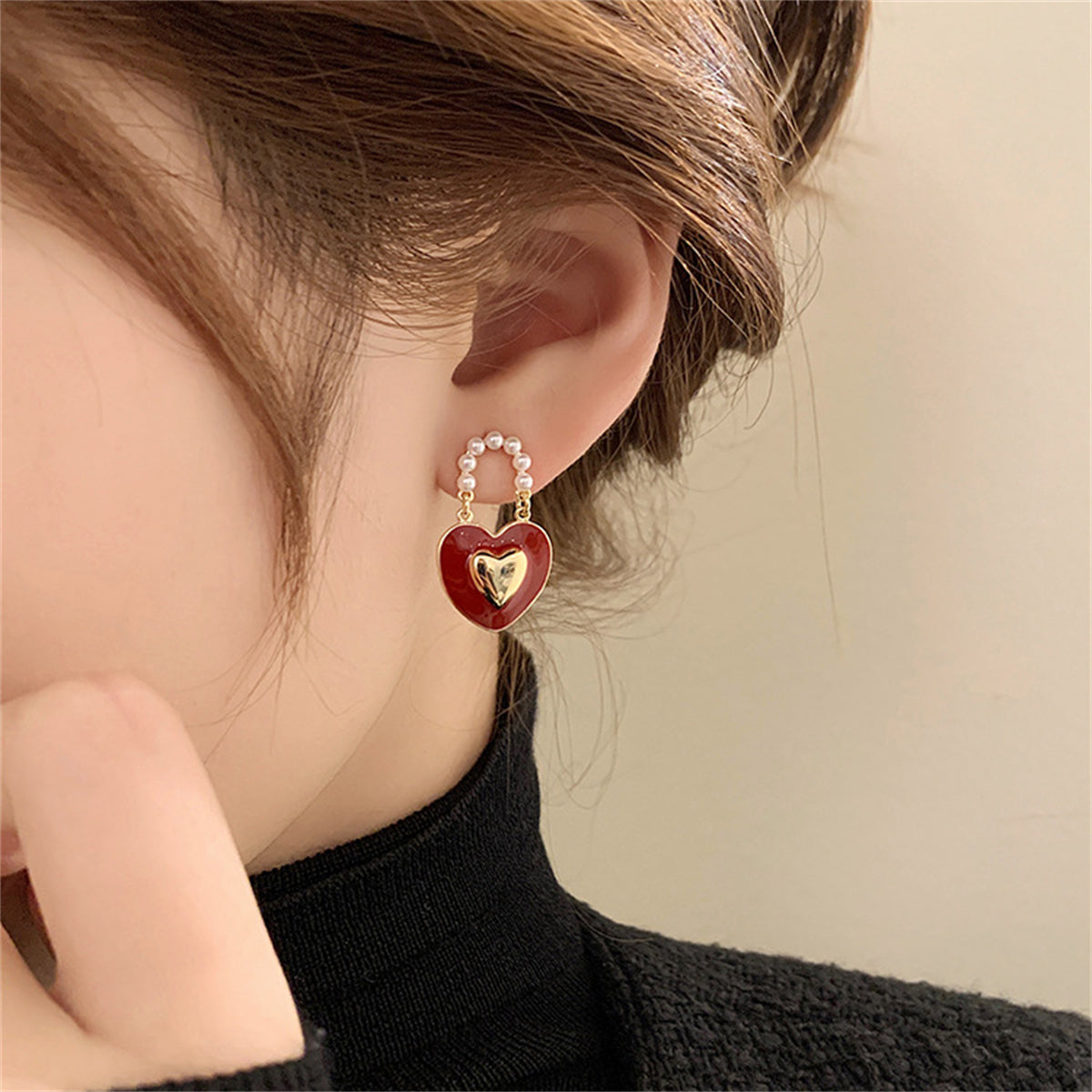 Red Enamel and Pearl 18K Gold-Plated Heart Drop Earrings, gold drop earrings for women, elegant gift for her, lifestyle look