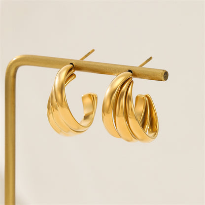 18K Gold-Plated Stacked Hoop Huggie Earrings, gold huggie earrings, dainty minimalist design, detail close-up