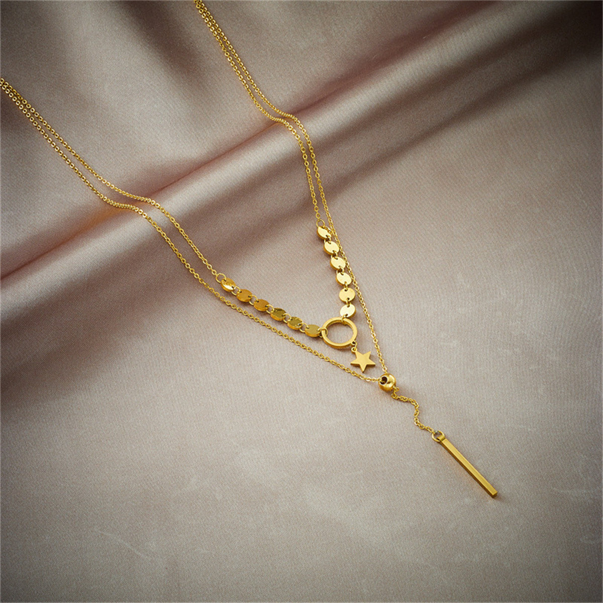 18K Gold-Plated Disc Star Layered Choker Necklace, gold pendant necklace for women, botanical inspired, lifestyle look