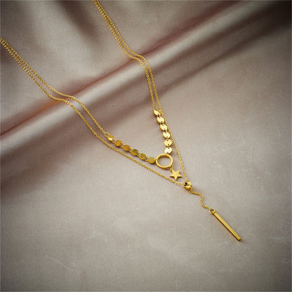 18K Gold-Plated Disc Star Layered Choker Necklace, gold pendant necklace for women, botanical inspired, lifestyle look