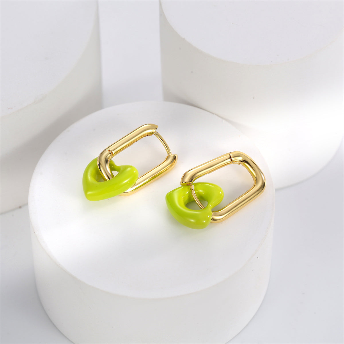 Cyan Enamel and 18K Gold-Plated Heart Huggie Earrings, gold huggie earrings, elegant gift for her, detail close-up