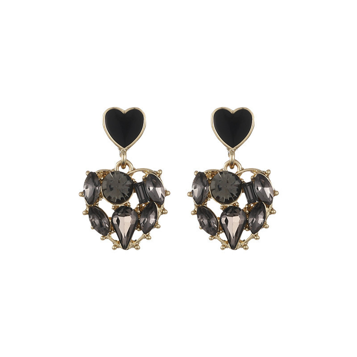 Black Crystal and 18K Gold-Plated Heart Drop Earrings, gold drop earrings for women, dainty minimalist design, styled look