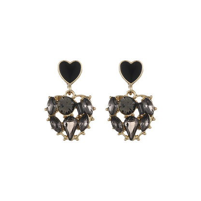 Black Crystal and 18K Gold-Plated Heart Drop Earrings, gold drop earrings for women, dainty minimalist design, styled look
