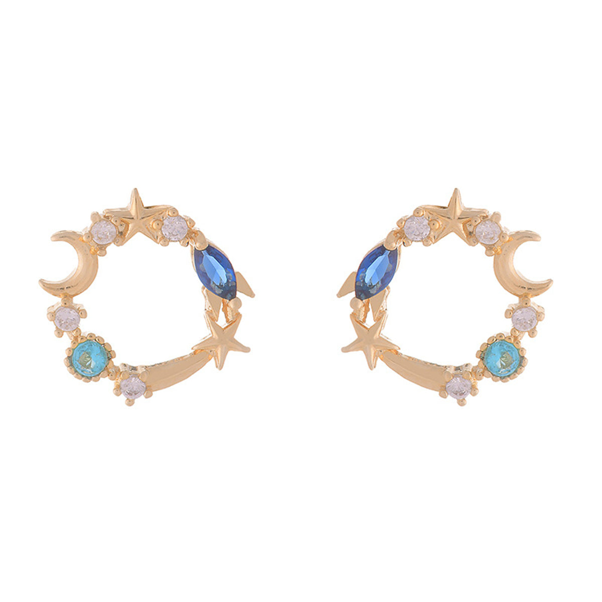 Blue Crystal and Cubic Zirconia 18K Gold-Plated Moon and Star Stud Earrings, gold stud earrings for women, front view