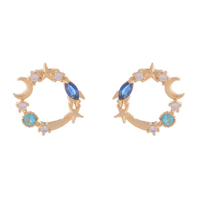 Blue Crystal and Cubic Zirconia 18K Gold-Plated Moon and Star Stud Earrings, gold stud earrings for women, front view