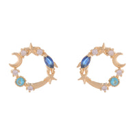 Blue Crystal & Cubic Zirconia 18k Gold-Plated Moon & Star Stud Earrings