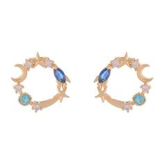 Blue Crystal & Cubic Zirconia 18K Gold-Plated Moon & Star Stud Earrings