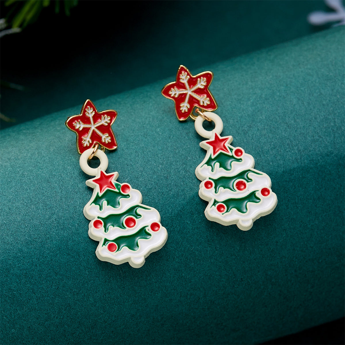 Enamel and 18K Gold-Plated Christmas Tree Dangle Earring, gold drop earrings for women, detail close-up