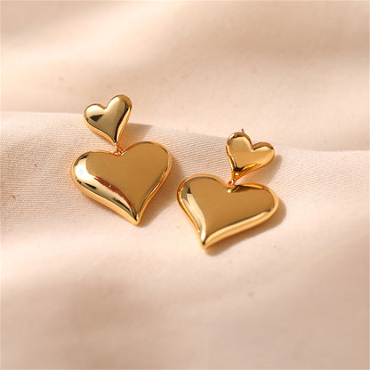 18K Gold-Plated Double Heart Drop Earrings, gold drop earrings for women, dainty minimalist design, detail close-up