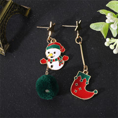 Red & Green Boot Snowman Pom-Pom Mismatch Drop Earrings