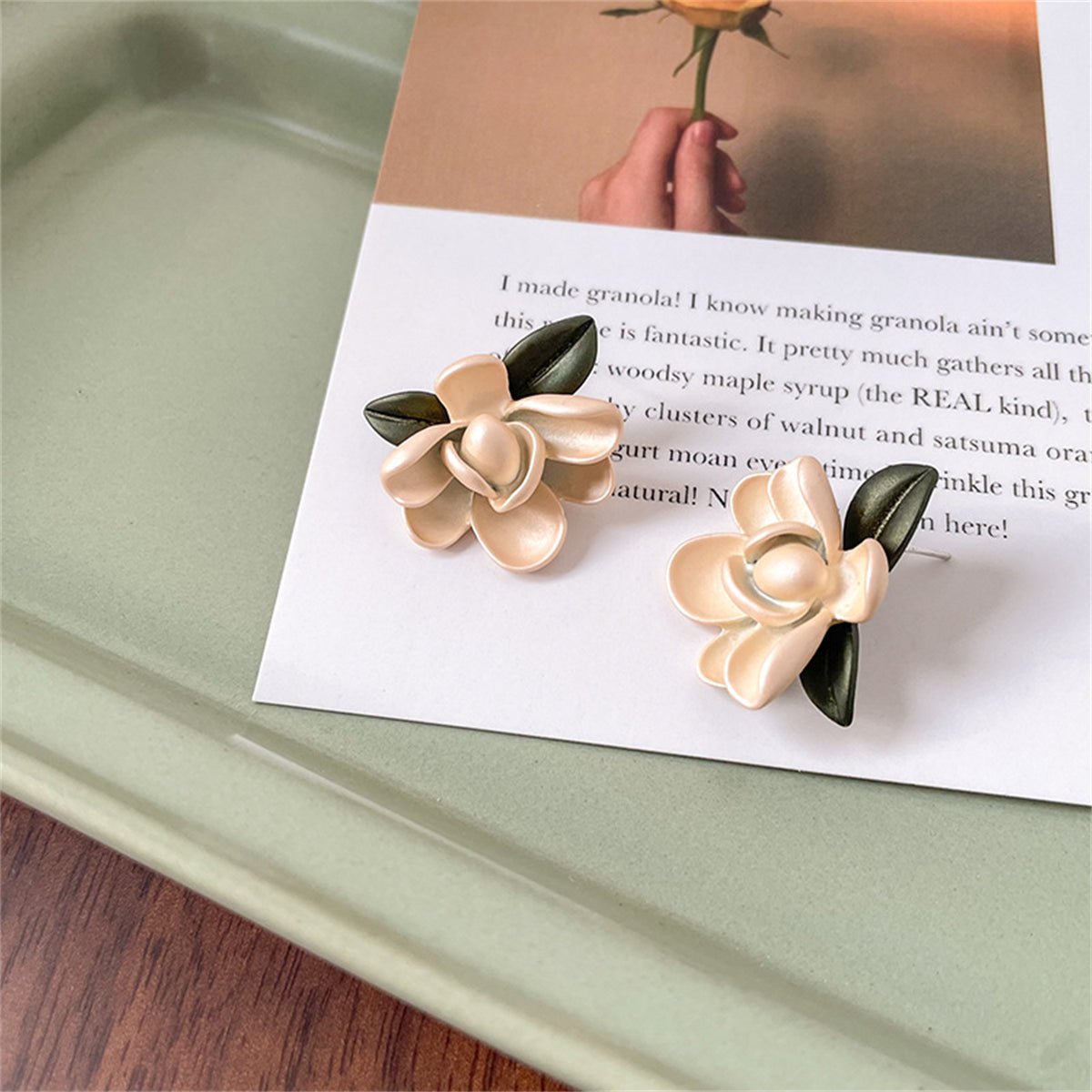 Pink Enamel and Silver-Plated Flower Stud Earrings, silver stud earrings for women, botanical inspired, side view