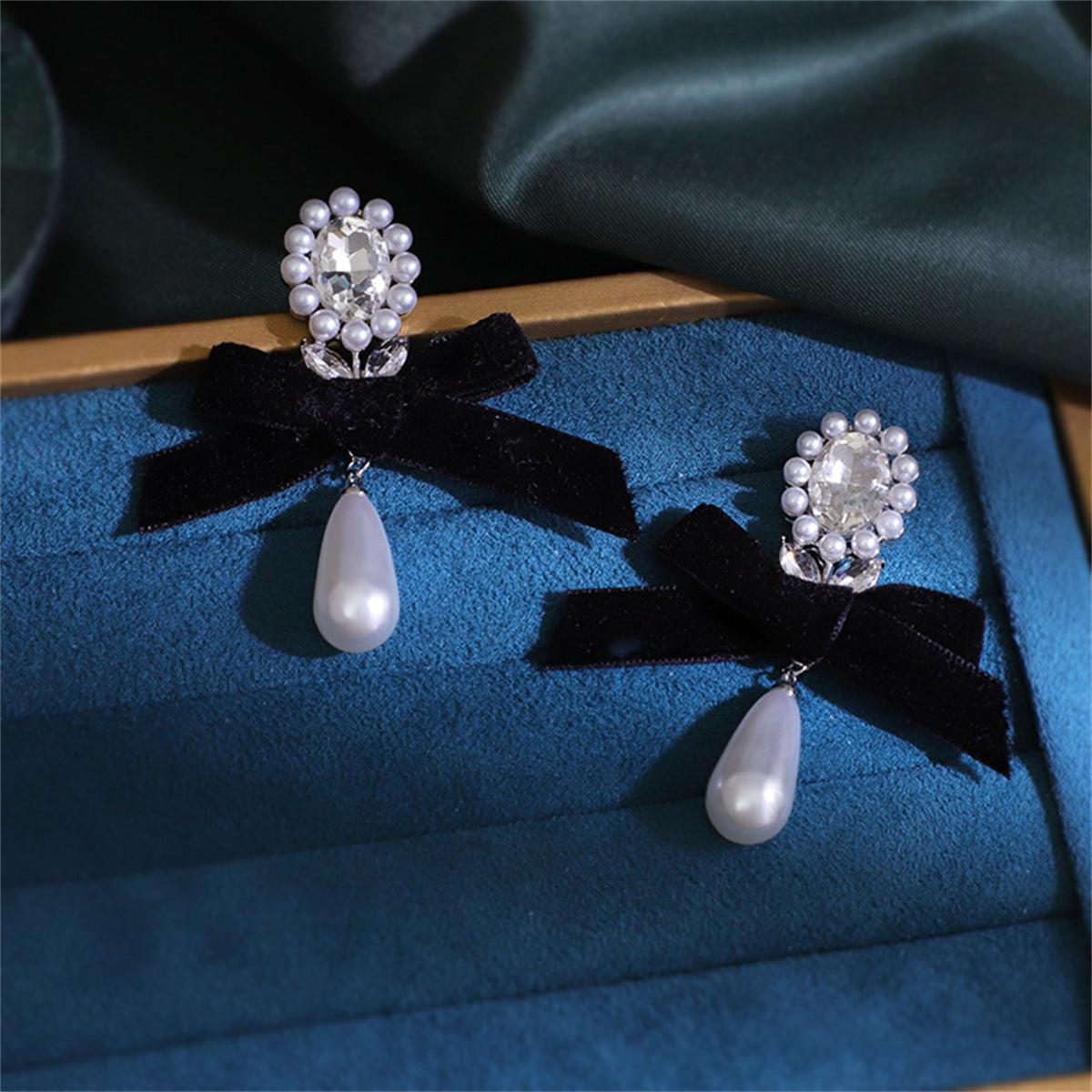 Black Flocking and Crystal Pearl Silver-Plated Bow Drop Earrings, silver drop earrings for women, front view