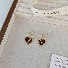 Wine Red & Pearl Rose Heart Huggie Earring