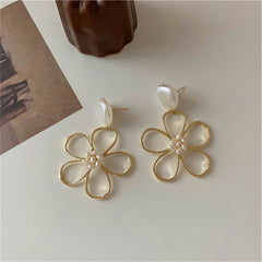 Pearl & 18K Gold-Plated Openwork Flower Drop Earrings