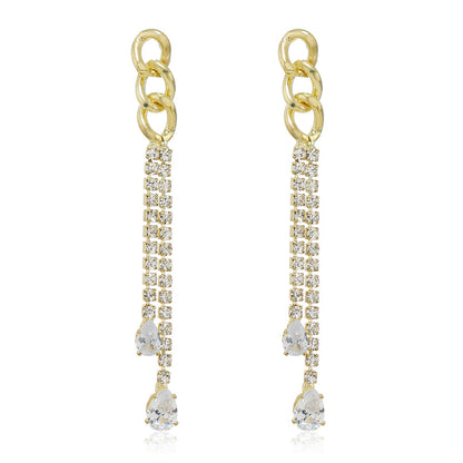 Cubic Zirconia and Crystal 18K Gold-Plated Chain Tassel Drop Earrings, gold drop earrings for women, side view