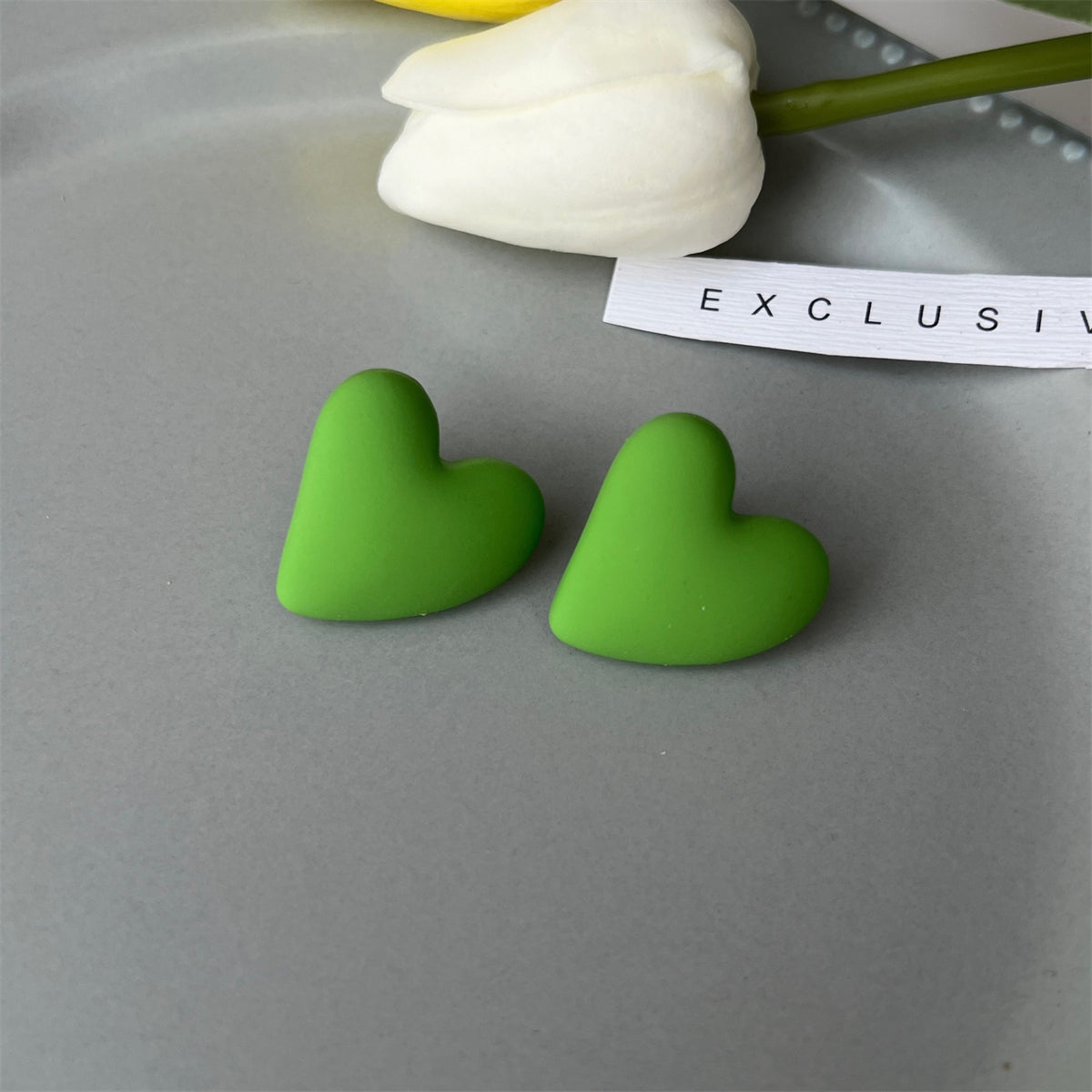 Grass Green Acrylic and Silver-Plated Heart Stud Earrings, silver stud earrings for women, lifestyle look
