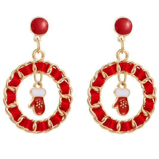 Red Ribbon and Enamel 18K Gold-Plated Mitten Figaro Drop Earrings, gold drop earrings for women, front view