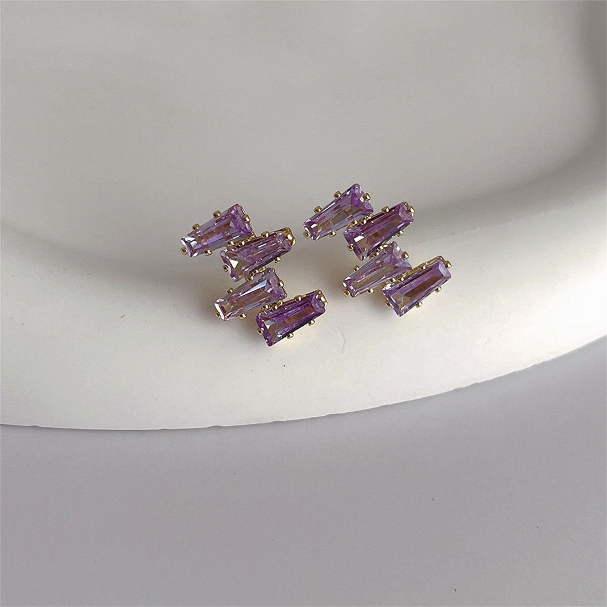 Purple Crystal and 18K Gold-Plated Geometric Stud Earrings, gold stud earrings for women, dainty minimalist design, side view