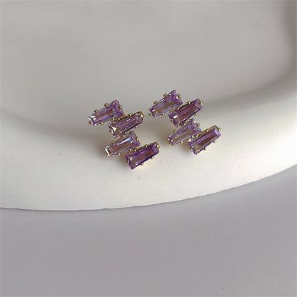 Purple Crystal and 18K Gold-Plated Geometric Stud Earrings, gold stud earrings for women, dainty minimalist design, side view