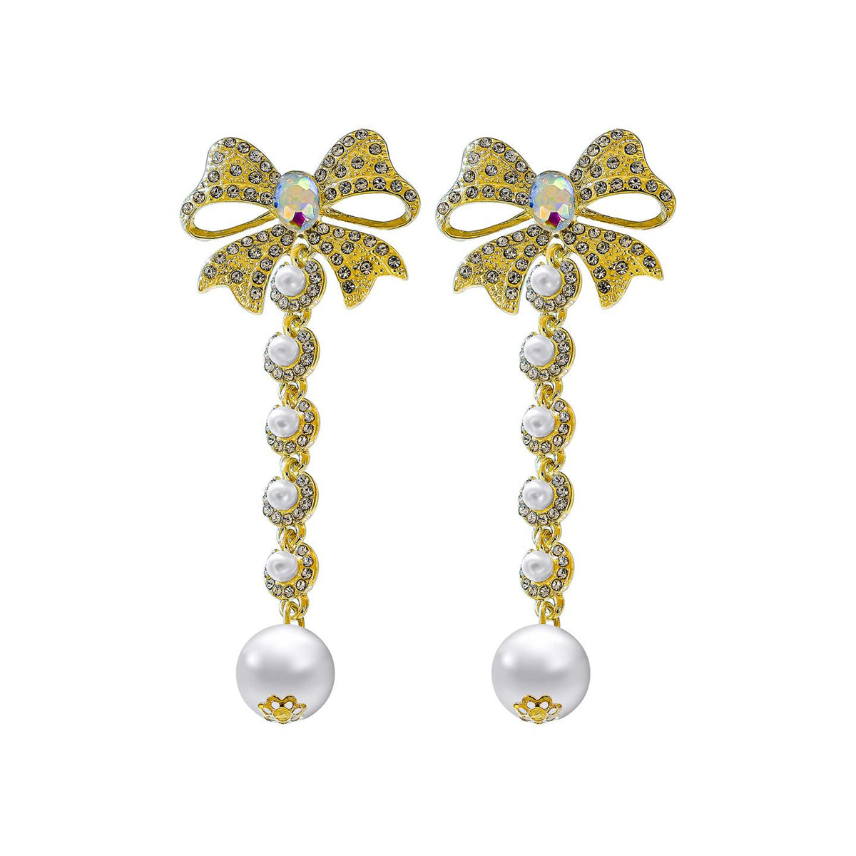 Pearl and Cubic Zirconia Crystal-Accent 18K Gold-Plated Bow Bead Drop Earrings, gold drop earrings for women, styled look