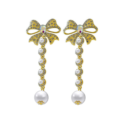 Pearl and Cubic Zirconia Crystal-Accent 18K Gold-Plated Bow Bead Drop Earrings, gold drop earrings for women, styled look