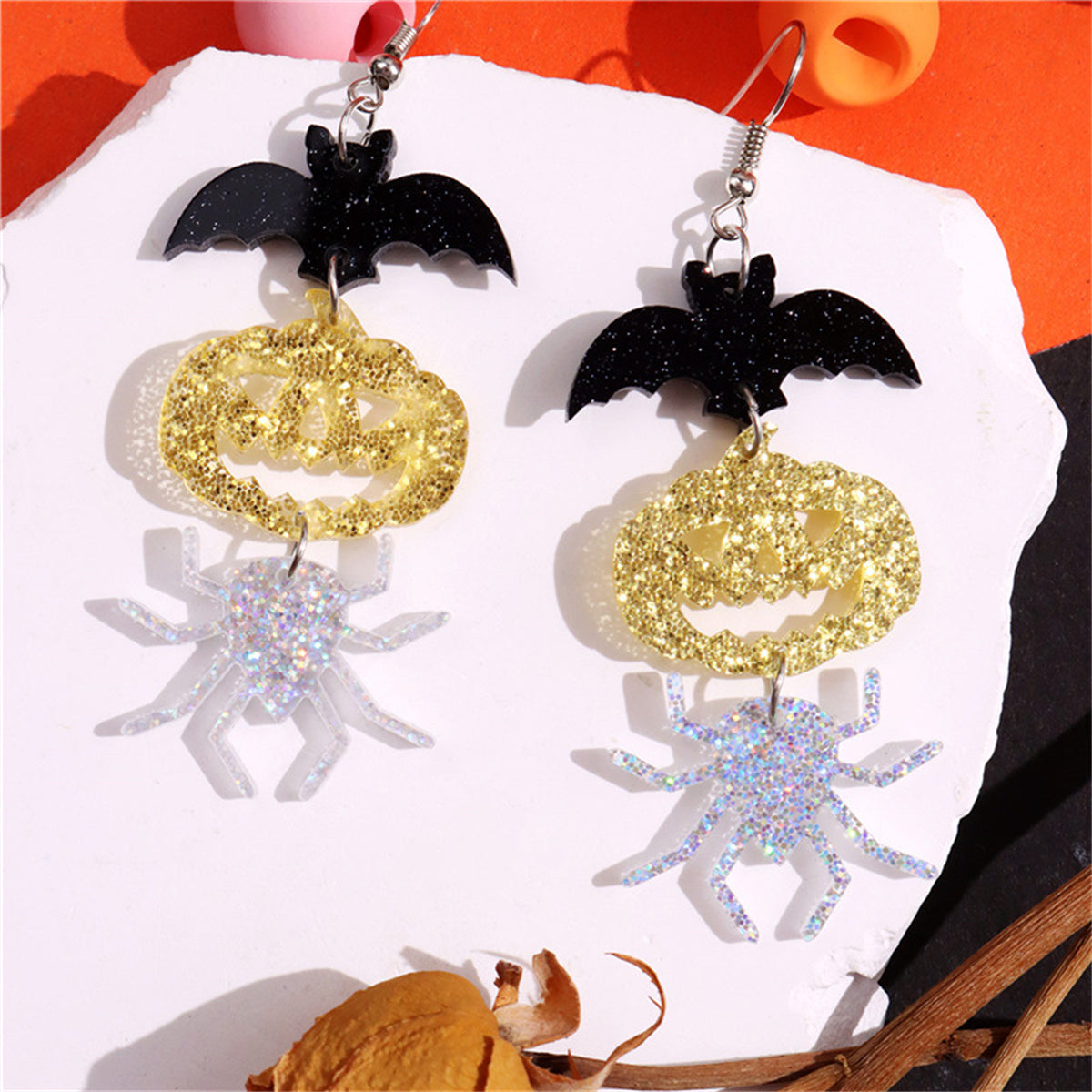Orange and Silver-Plated Spooky Friends Drop Earrings, silver drop earrings for women, detail close-up
