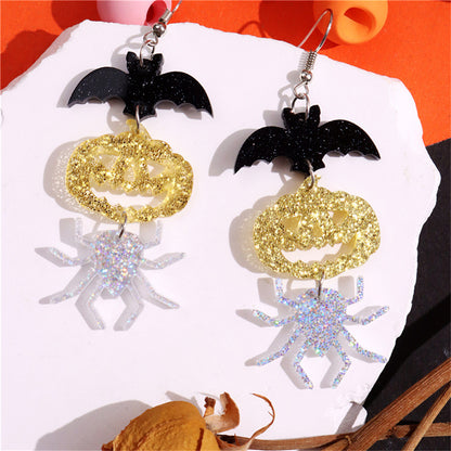 Orange and Silver-Plated Spooky Friends Drop Earrings, silver drop earrings for women, detail close-up