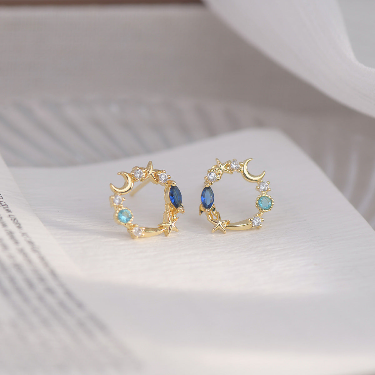 Blue Crystal and Cubic Zirconia 18K Gold-Plated Moon and Star Stud Earrings, gold stud earrings for women, lifestyle look