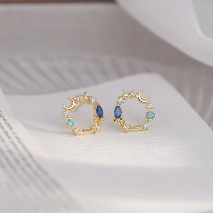 Blue Crystal and Cubic Zirconia 18K Gold-Plated Moon and Star Stud Earrings, gold stud earrings for women, lifestyle look