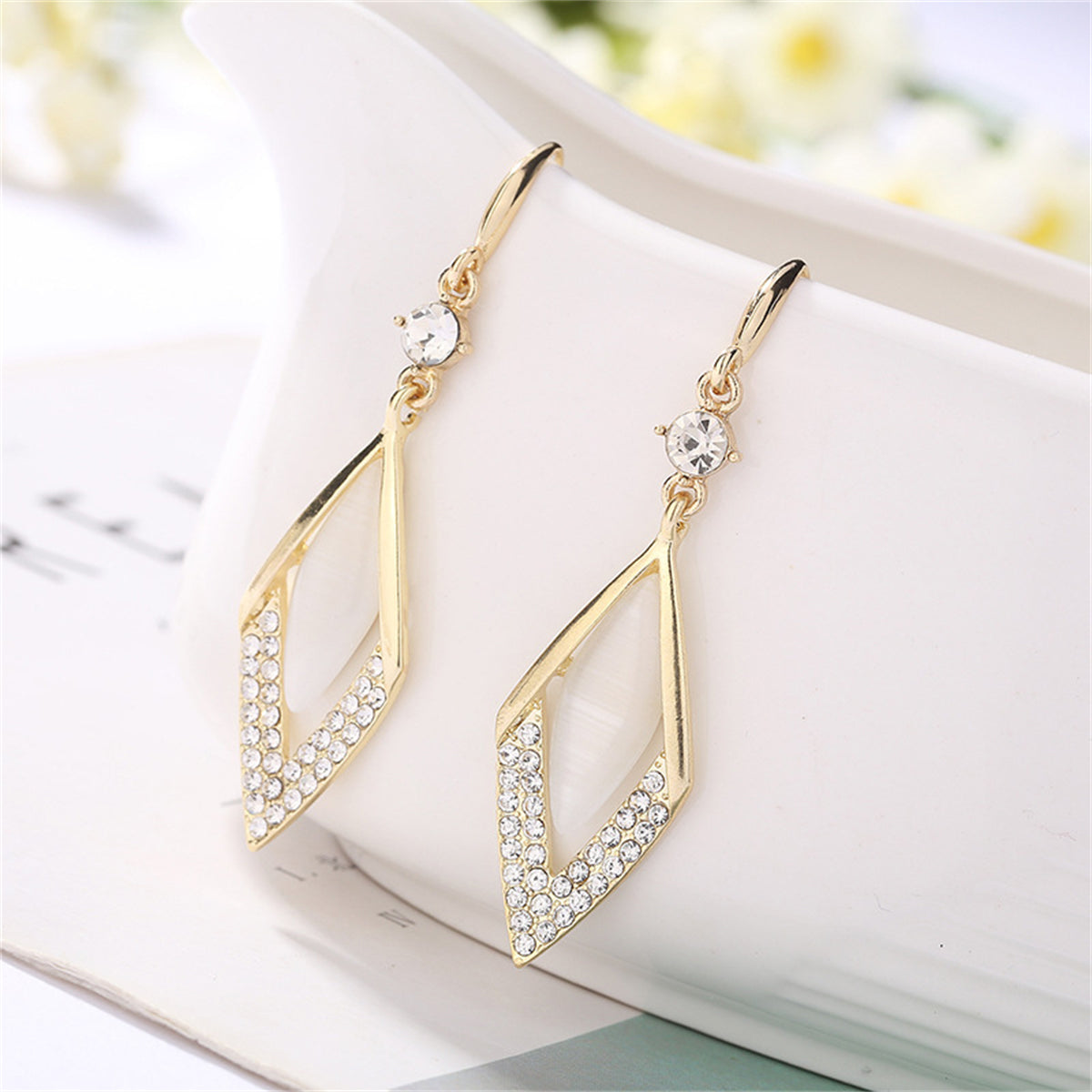 Cat's Eye and Cubic Zirconia 18K Gold-Plated Rhombus Drop Earrings, gold drop earrings for women, detail close-up