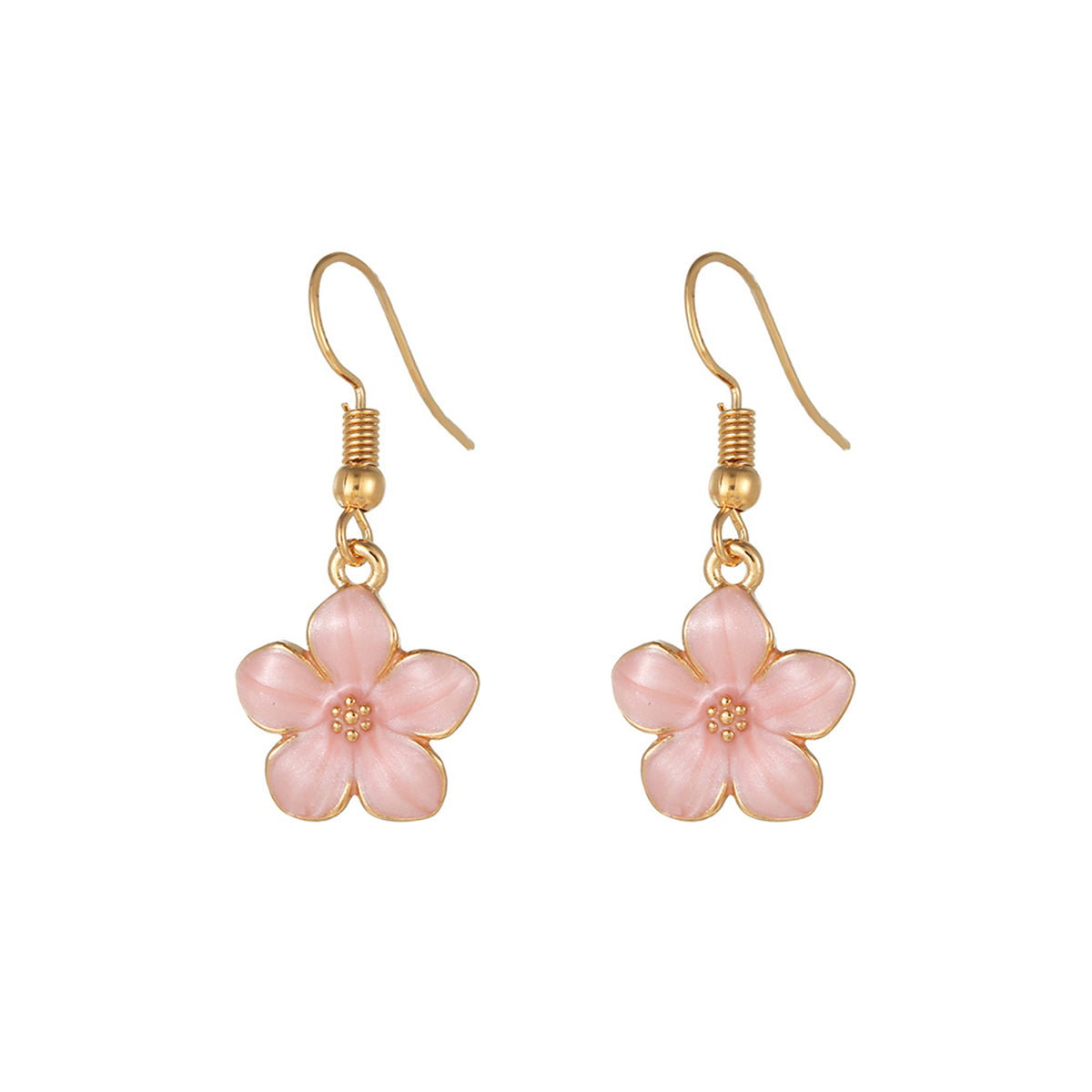 Pink Enamel and 18K Gold-Plated Flower Drop Earrings, gold drop earrings for women, dainty minimalist design, side view