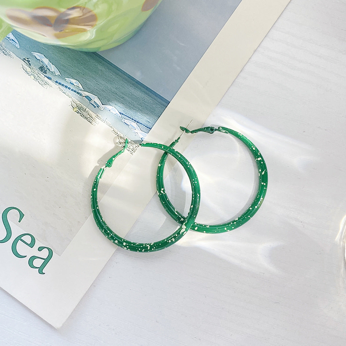Green Enamel & Silver-Plated Hoop Earrings