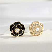 Black Enamel & Pearl Camellia Stud Earrings