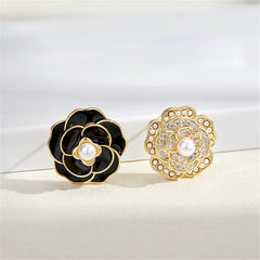 Black Enamel & Pearl Camellia Stud Earrings