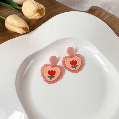 Pink Acrylic Tulip Heart Drop Earrings, drop earrings for women, elegant gift for her, detail close-up